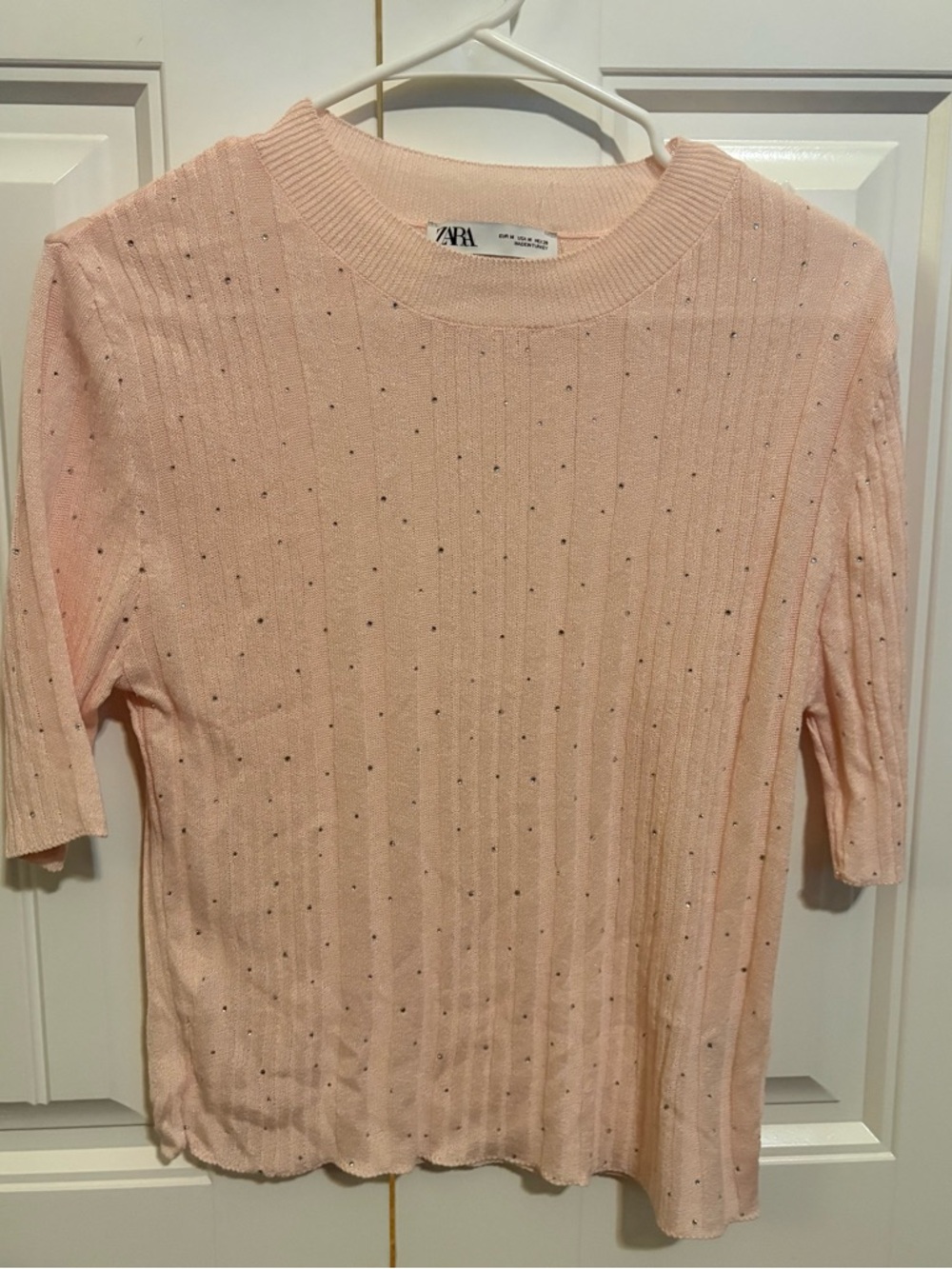 Zara Blush Pink Ribbed Knit Top with Sparkle Studs